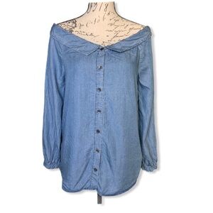 Off the Shoulder Denim Button Down Top